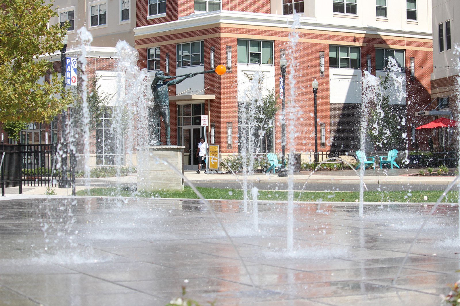 Rowan Boulevard's fountains in the spring.