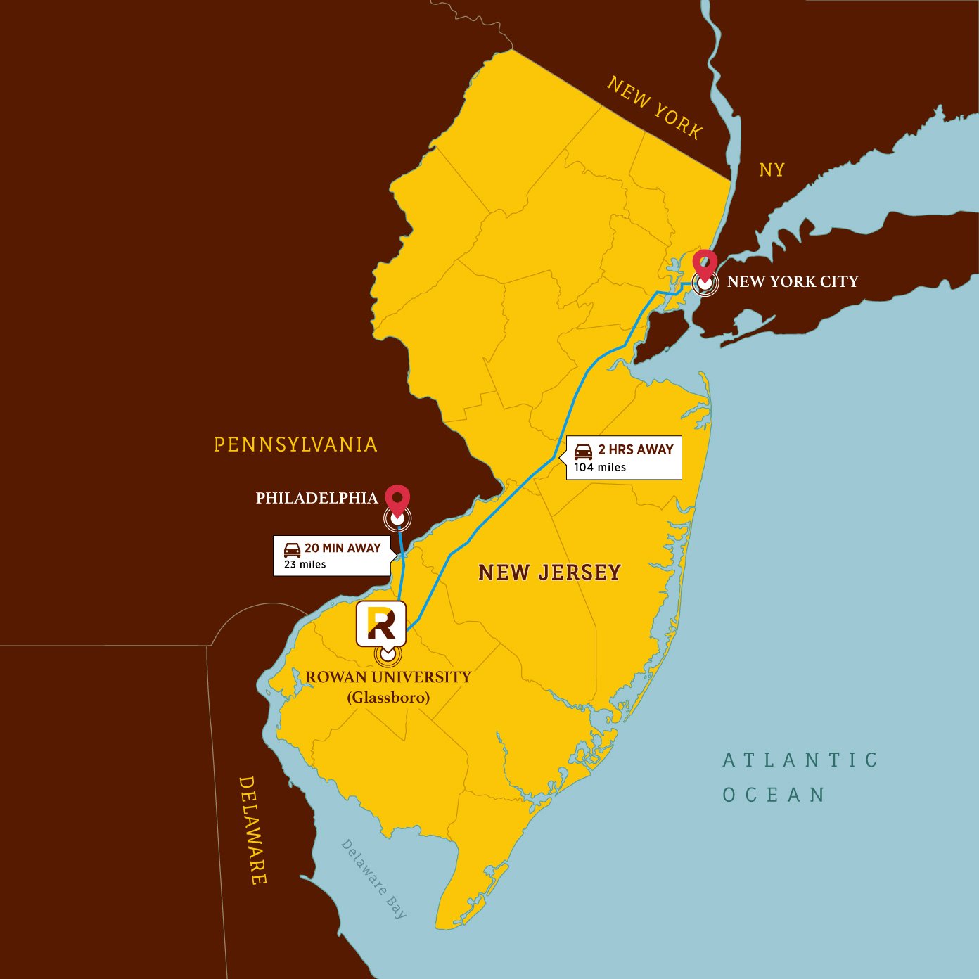 Map of New Jersey with star indicating location of Rowan University in proximity of nearby cities. 