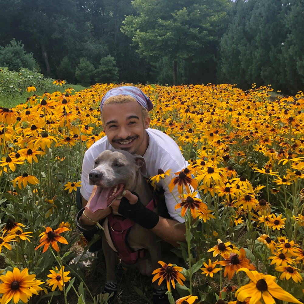 Isaiah poses with a dog in a bed of wildflowers.