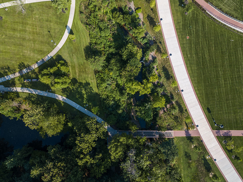 Drone overhead photo of on-campus walking paths 