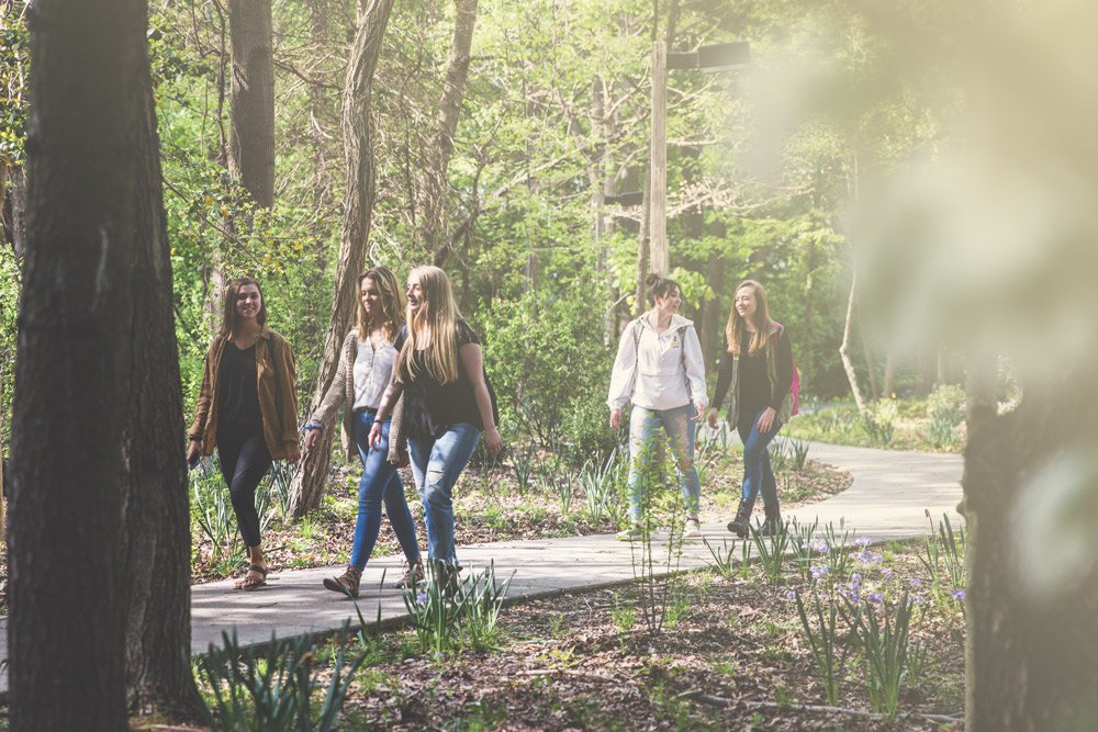 five female students walking along flowery pathway outdoors