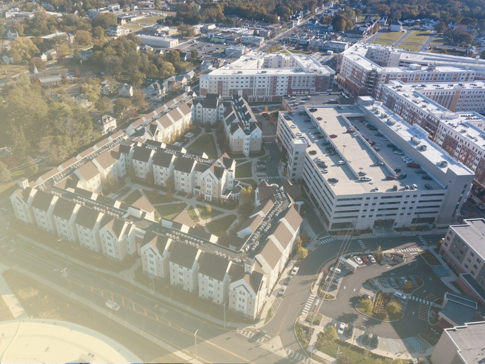 drone view of buildings on campus.