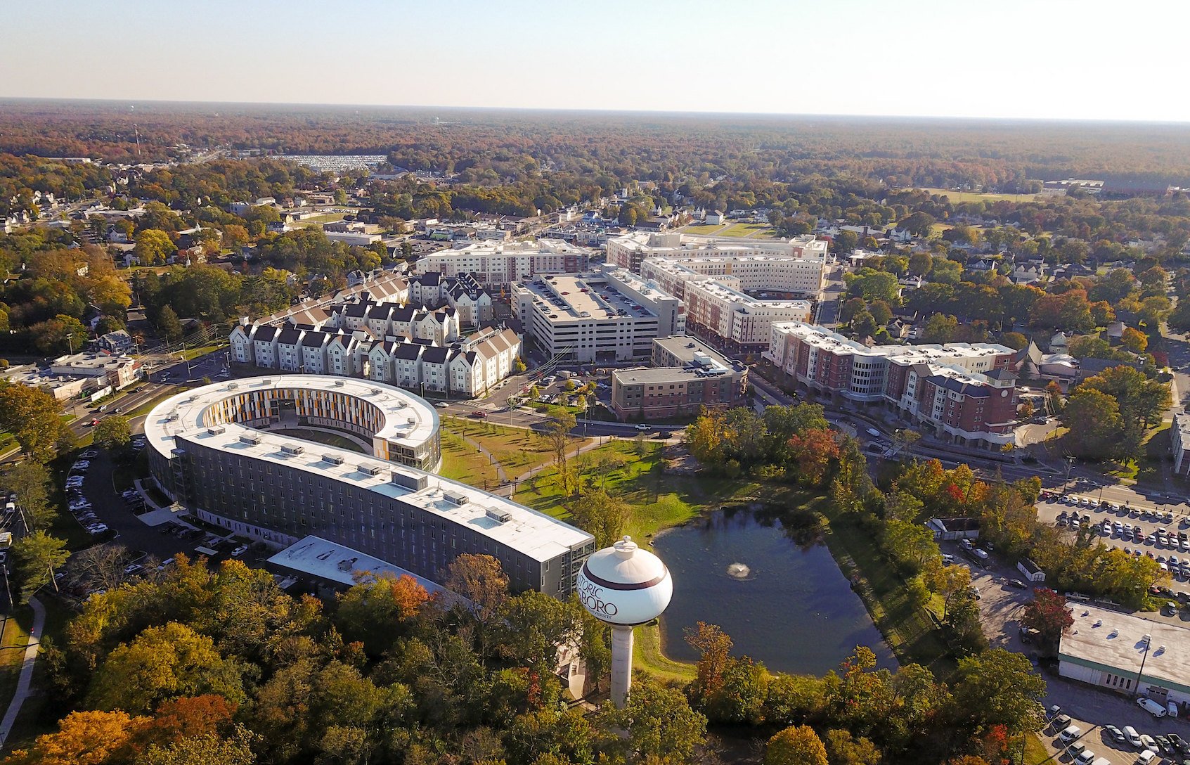 A drone image of Rowan University and Holly Pointe Commons.